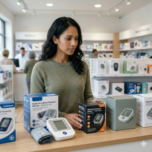 Mother and daughter comparing two upper arm blood pressure monitors at home