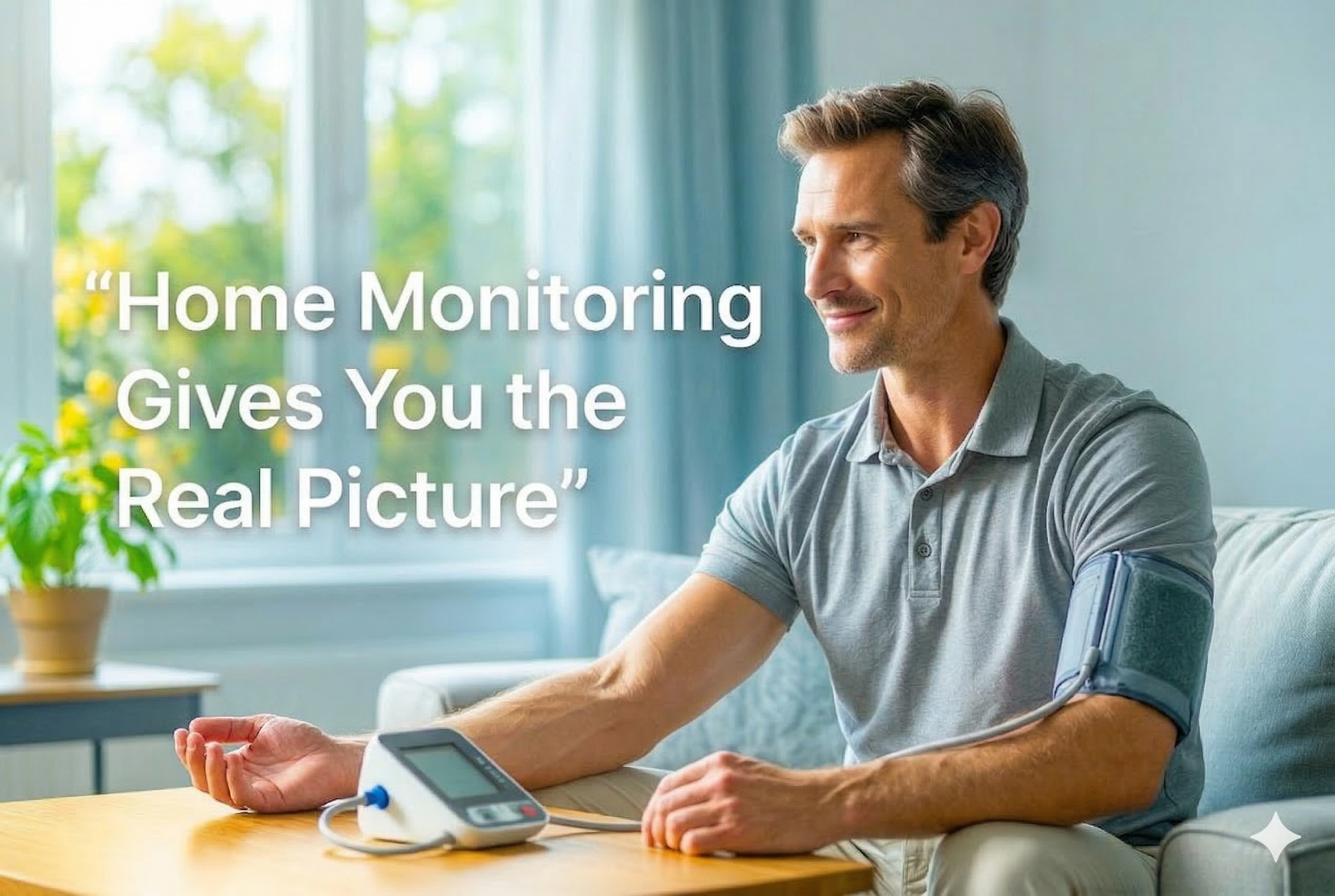 A man sitting in a light-filled living room on a sofa, with a blood pressure cuff on his left upper arm and his other hand resting next to a digital blood pressure monitor on a table. He has a calm, confident expression. Text overlay reads "Home Monitoring Gives You the Real Picture." A potted plant is on a side table.