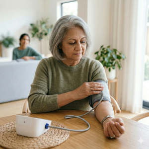Woman adjusting upper arm blood pressure cuff correctly while seated at home