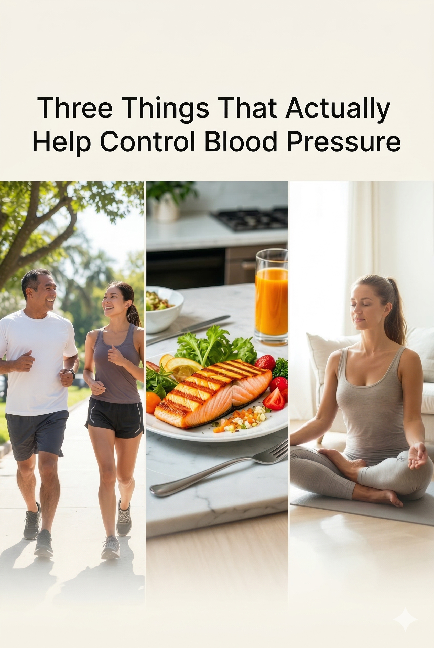 A vertical three-panel infographic with a beige background. The main title at the top reads: Three Things That Actually Help Control Blood Pressure. The left panel shows a smiling man and woman jogging on a sun-dappled park path. Below them, a darker gradient overlay includes white text: Stay Active. The central panel displays a gourmet healthy meal on a kitchen counter, featuring a large piece of grilled salmon, green asparagus, cherry tomatoes, and strawberries on a plate, next to a full glass of orange juice. White text overlay: Cut Excess Salt. The right panel shows a woman in a grey sports bra and leggings, with a long ponytail, sitting in a full lotus yoga pose with her eyes closed, meditating on a mat in a peaceful living room. White text overlay: Manage Stress & Sleep Well. The bottom of the image has a soft white fade.