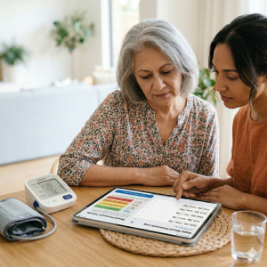 Mother and adult daughter reviewing a printed blood pressure chart at home with an upper arm monitor on the table