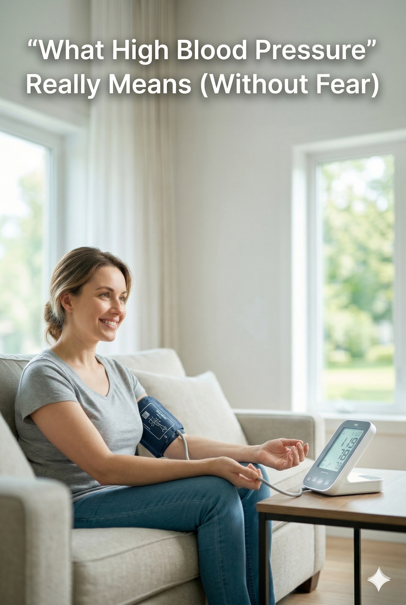 miling woman uses modern home blood pressure monitor on upper arm. Monitor screen and window view in background. Text: “What High Blood Pressure” Really Means (Without Fear).