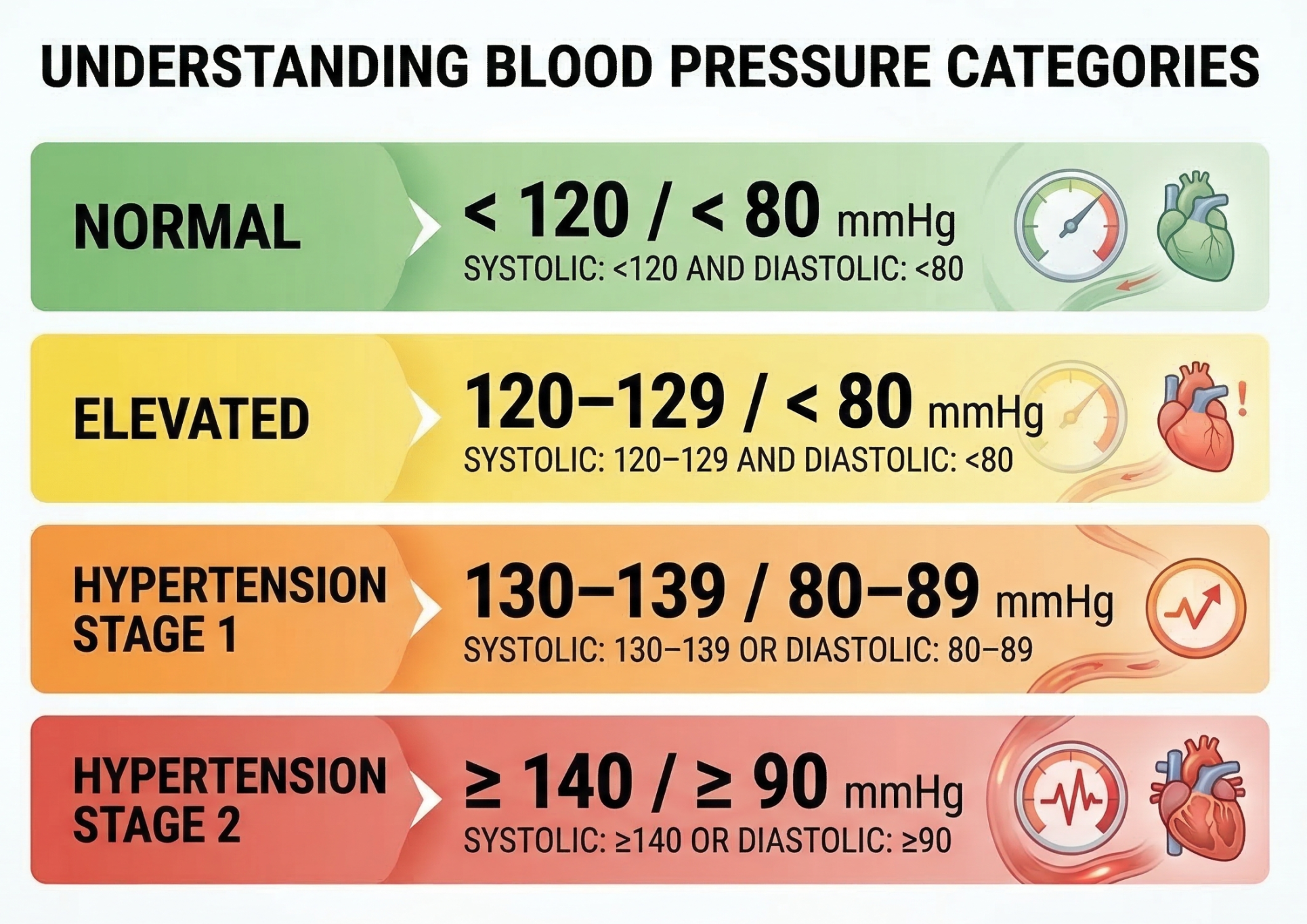 Color-coded blood pressure categories chart showing Normal (