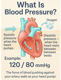 Square infographic explaining what blood pressure is: systolic when the heart pumps and diastolic when it rests, with example reading 120 over 80 mmHg